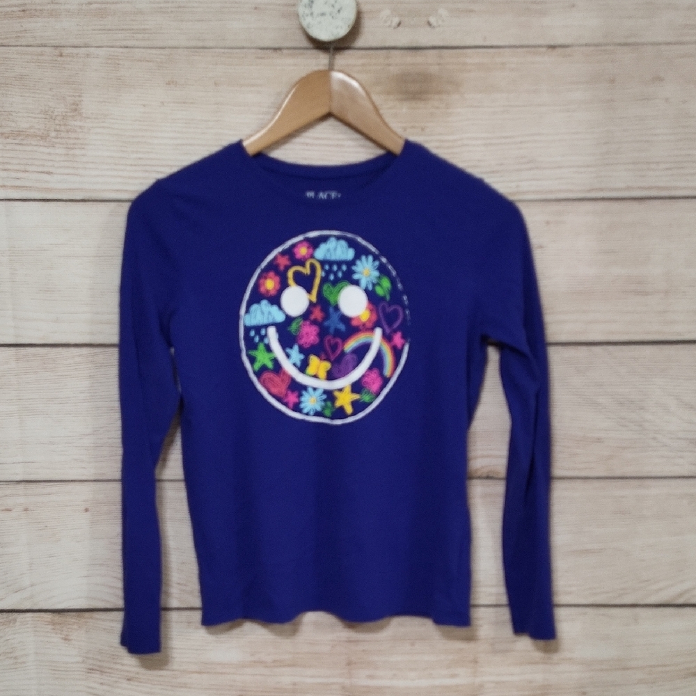 💟 Place Vibrant Blue Long Sleeve Tee with Colorful Rainbow Graphic XL 14